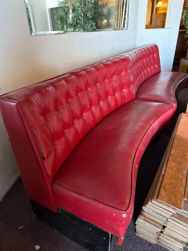 Vintage Red Tufted Vinyl Curved Restaurant Booth with Button-Back Design