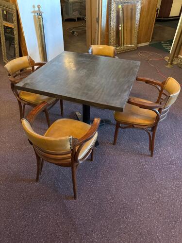 Vintage Mid-Century Restaurant Table & 4 Upholstered Armchairs, Square Wood Table, Metal Base