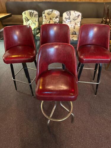 Set of 4 Vintage Swivel Bar Stools with Red Vinyl Upholstery and Chrome Frames