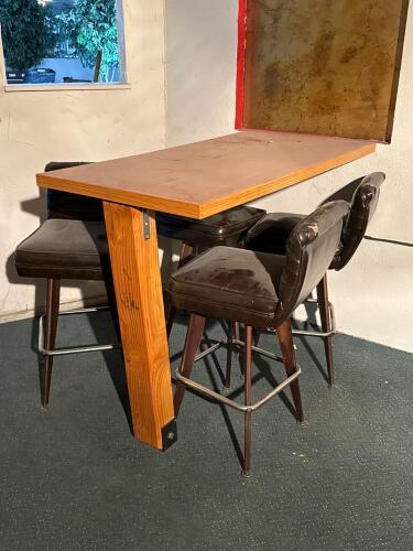 Rectangular Wood Bar Table with 4 Vintage Vinyl Bar Stools, Metal Footrests