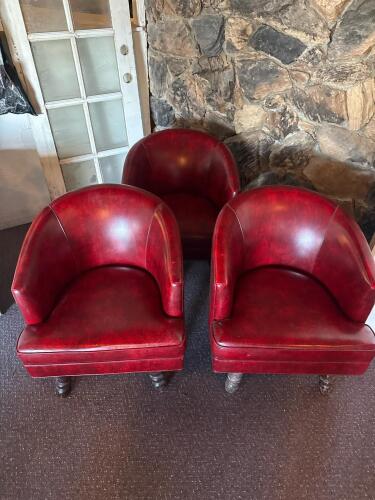 Set of 3 Red Leather Barrel Club Chairs, Vintage Style, Turned Wood Legs, Deep Back Design