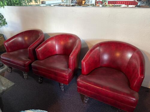 Set of 3 Red Leather Barrel Club Chairs, Vintage Style, Turned Wood Legs, Deep Back Design