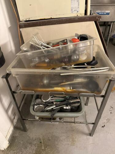 Bulk Lot of 70+ Commercial Kitchen Utensils - Stainless, Plastic, Ladles, Spoons, Tongs, Trays with metal rack.
