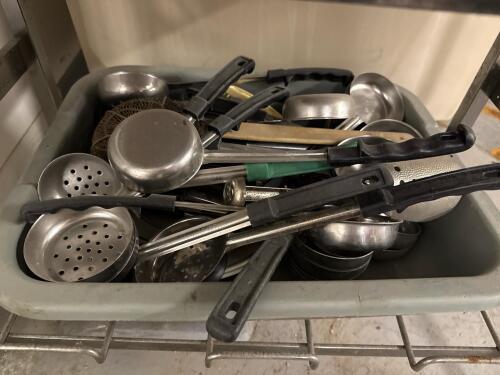 Bulk Lot of 70+ Commercial Kitchen Utensils - Stainless, Plastic, Ladles, Spoons, Tongs, Trays with metal rack. - 2