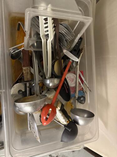 Bulk Lot of 70+ Commercial Kitchen Utensils - Stainless, Plastic, Ladles, Spoons, Tongs, Trays with metal rack. - 3