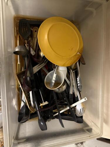 Bulk Lot of 70+ Commercial Kitchen Utensils - Stainless, Plastic, Ladles, Spoons, Tongs, Trays with metal rack. - 4