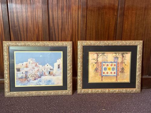 Pair of Framed Southwestern Pueblo and Quilt Art Prints, Ornate Gold Frames, 23x20&rdquo;