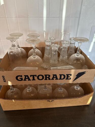 Bulk Lot of 27 Clear Glasses: 22 Wine Glasses, 4 Candlestick Holders, 1 Tumbler, Classic Style