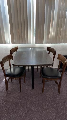 Commercial Rectangular Laminate Dining Table with 4 Bentwood Chairs, Wood Frame, Black Vinyl Seat