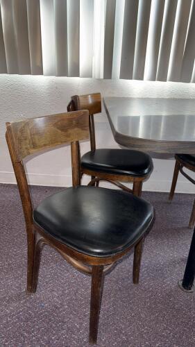 Restaurant Dining Table Set - 4 Wood Chairs w/Black Seats, 48"x30" Laminate Table, Pedestal Base - 3