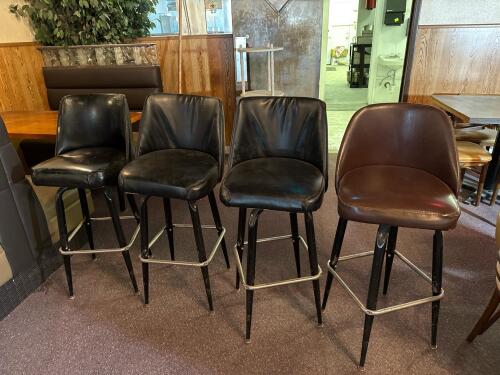 Set of 4 Commercial Vinyl Bar Stools, Black & Brown, Metal Frame, Mid-Back, 30" Seat Height