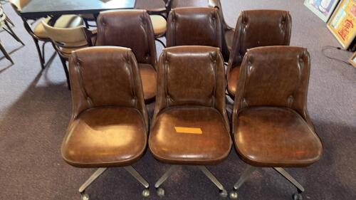 Set of 6 Mid-Century Modern Metal Base Rolling Caster Chairs, Brown Vinyl