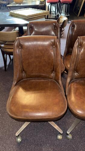 Set of 6 Mid-Century Modern Metal Base Rolling Caster Chairs, Brown Vinyl - 2