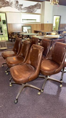Set of 6 Mid-Century Modern Metal Base Rolling Caster Chairs, Brown Vinyl - 3