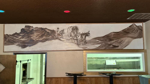Large Hand-Painted Western Pioneer Wagon Scene Mural