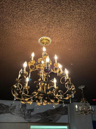 Ornate 12-Light Italian Style Brass & Crystal Chandelier, Gold Leaf Motif, 2-Tier