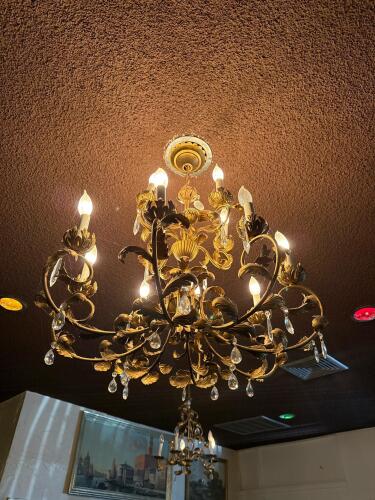 Ornate 12-Light Italian Style Brass & Crystal Chandelier, Gold Leaf Motif, 2-Tier - 2