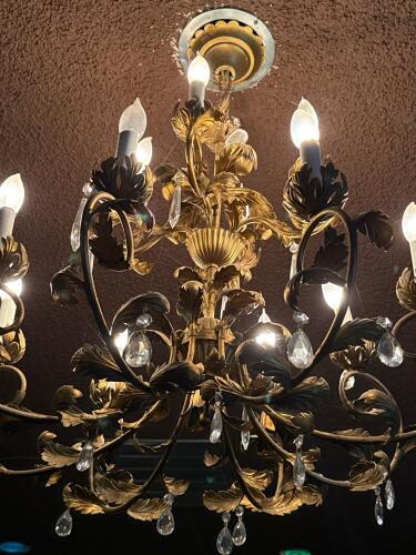 Ornate 12-Light Italian Style Brass & Crystal Chandelier, Gold Leaf Motif, 2-Tier - 3