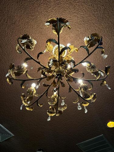 Ornate 12-Light Italian Style Brass & Crystal Chandelier, Gold Leaf Motif, 2-Tier - 4