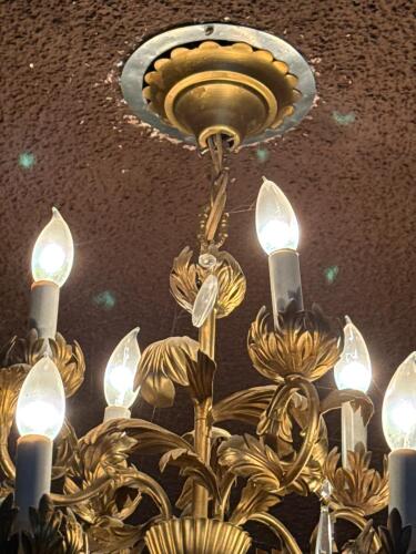 Ornate 12-Light Italian Style Brass & Crystal Chandelier, Gold Leaf Motif, 2-Tier - 5