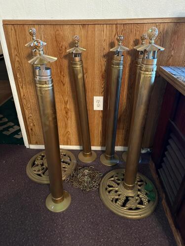 Antique Brass Stanchion Posts with Mosaic Toppers, Set of 5, Includes Chain