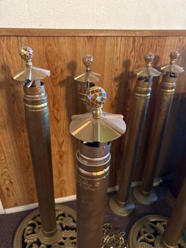 Antique Brass Stanchion Posts with Mosaic Toppers, Set of 5, Includes Chain - 2