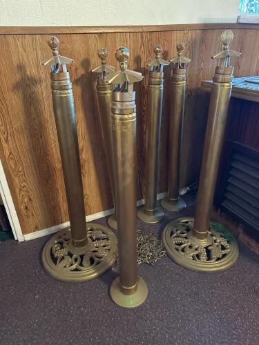 Antique Brass Stanchion Posts with Mosaic Toppers, Set of 5, Includes Chain - 3