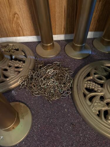 Antique Brass Stanchion Posts with Mosaic Toppers, Set of 5, Includes Chain - 4