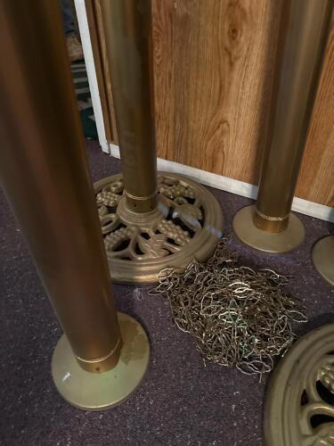 Antique Brass Stanchion Posts with Mosaic Toppers, Set of 5, Includes Chain - 6