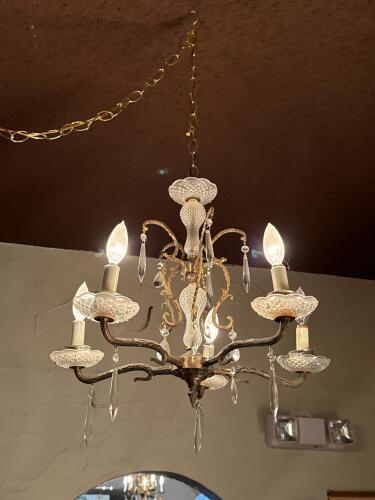 Vintage Brass & Crystal 5-Light Chandelier