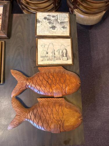 Vintage Hand-Carved Wooden Fish-Shaped Serving Trays, Set of 2, + 2 Small Frames with Cartoon Drawings