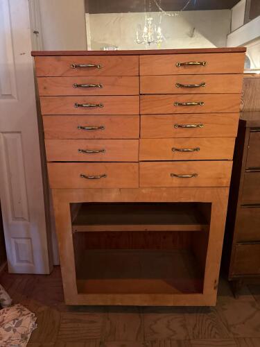 Vintage Wooden Flat File Cabinet with 8 Drawers and Lower Shelf