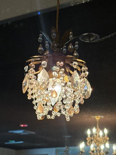 Two Vintage Crystal Pendant Chandelier Light Fixtures, Antique Brass & Amber Glass