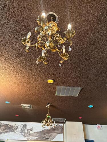 Two Antique Gold 5-Light Chandeliers with Floral Motif and Crystal Accents