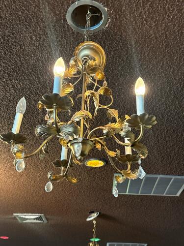 Two Antique Gold 5-Light Chandeliers with Floral Motif and Crystal Accents - 2