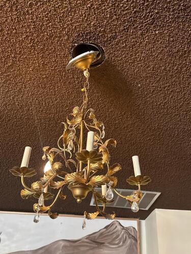Two Antique Gold 5-Light Chandeliers with Floral Motif and Crystal Accents - 3