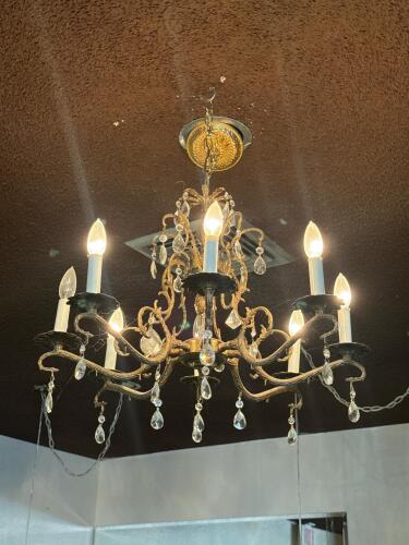 Vintage 8-Light Crystal Brass Chandelier with Hanging Teardrop Prisms, Ornate Arm Style