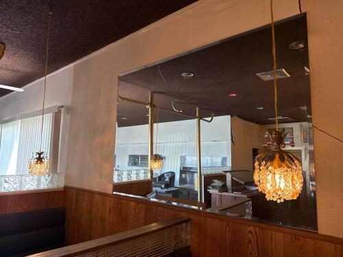 Two Vintage Crystal Pendant Chandelier Light Fixtures, Antique Brass & Amber Glass