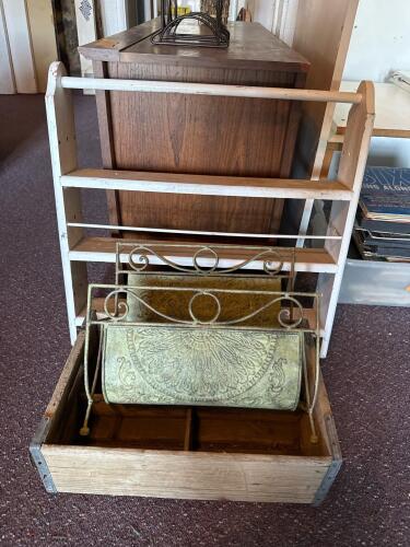 Vintage Metal Magazine Rack, 3-Tier Wooden Wall Shelf, and Rustic Divided Crate Storage Lot