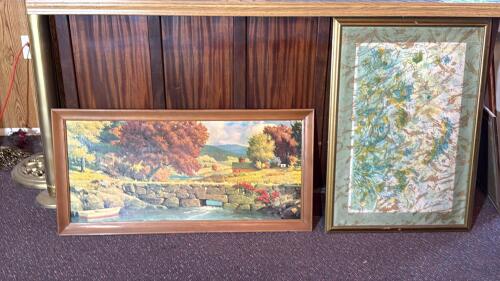Framed Landscape Print with Countryside Bridge & Abstract Marble-Style Art, c. 1960s-1980s