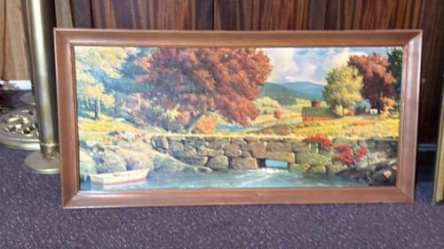 Framed Landscape Print with Countryside Bridge & Abstract Marble-Style Art, c. 1960s-1980s - 2