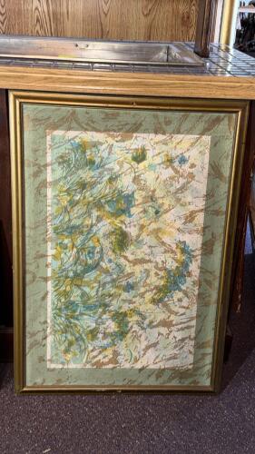Framed Landscape Print with Countryside Bridge & Abstract Marble-Style Art, c. 1960s-1980s - 3