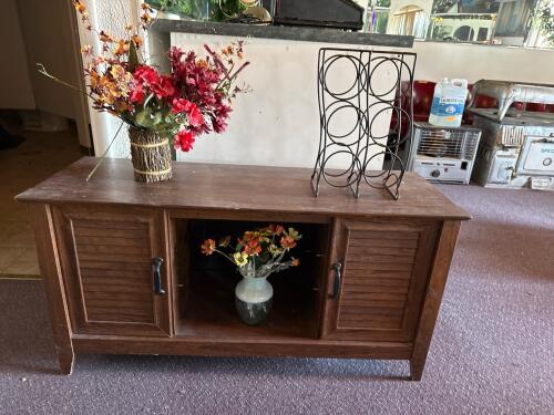 Dark Brown Wooden TV Stand/Media Console with 2 Doors, Wine Rack and Artificial Flower Decorations