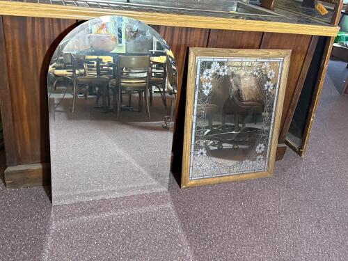 Arched Frameless Wall Mirror and Rectangular Framed Mirror with Etched Floral Designs