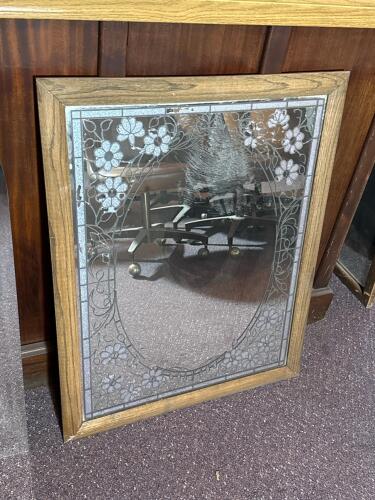 Arched Frameless Wall Mirror and Rectangular Framed Mirror with Etched Floral Designs - 3