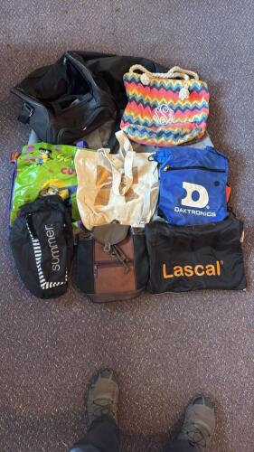 Lot of 11 Mixed Bags: American Tourister Duffel, Lascal Stroller Bag, Totes, Backpacks, Drawstrings