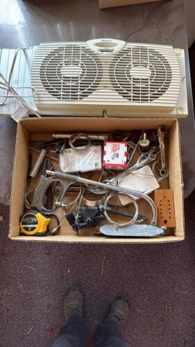 Assorted Hand Tools, Holmes Twin Window Fan, Hacksaw, Tape Measure, Hardware & Accessories