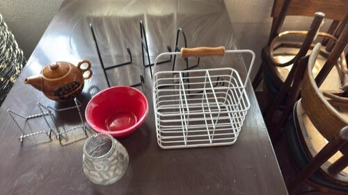 Mixed Lot: Ceramic "TEA FOR TWO" Teapot w/ Cup, Glass Votive, Red Bowl, Wire Basket, Display Stands