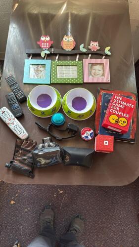 Mixed Lot: Dog Accessories, Remotes, Ray-Ban Case, Games, Books, Premier Pellets, Home Decor