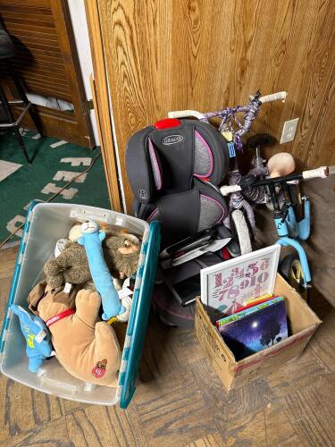 Graco High-Back Booster Car, 2 Toddler Balance Bikes, Assorted Stuffed Animals, + Children's Books